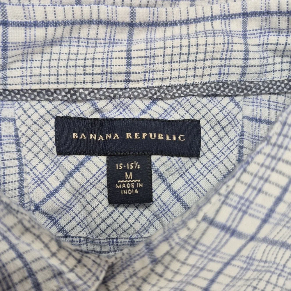 Banana Republic‎ Linen Button Up Shirt Men's Medium Blue Plaid Short Sleeve